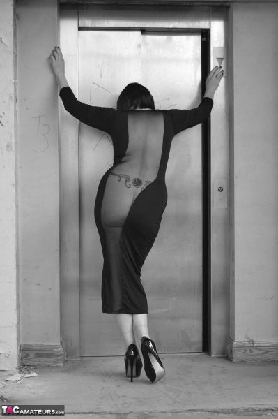 Женщина средних лет, Барби шлюха, моделирует прозрачное платье для черно-белого концерта